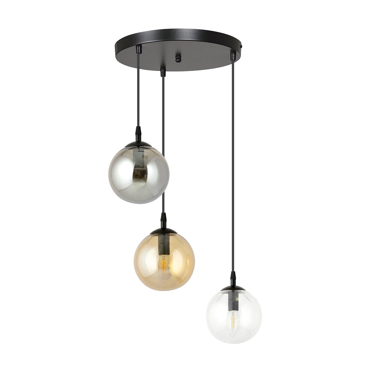 Sospensione 3 Luci Cosmo In Acciaio Nero Base Tonda E Sfere In Vetro Multicolor in Lampade a sospensione LuceArt - Montecorvino Pugliano, commercioVirtuoso.it