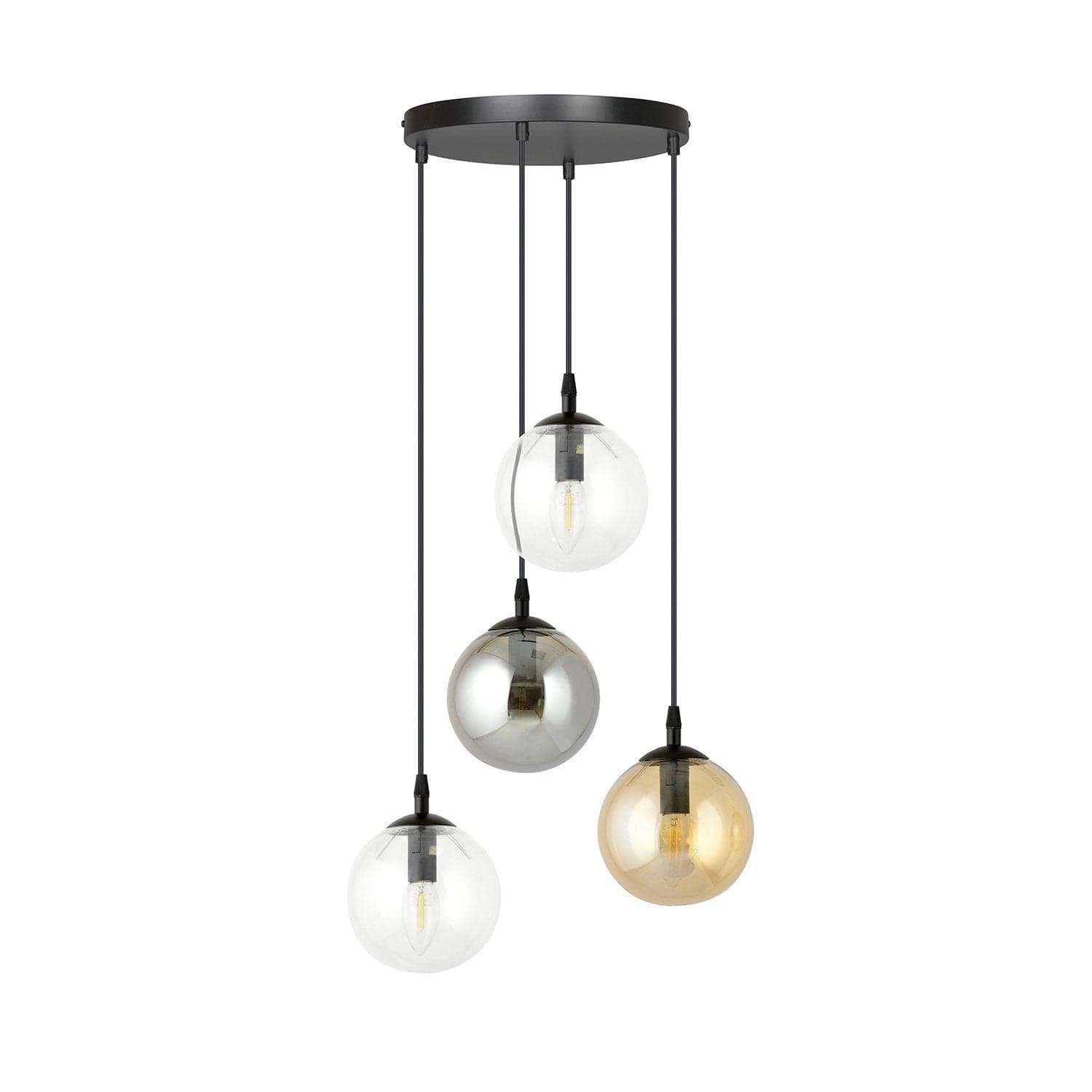 Sospensione 4 Luci Cosmo In Acciaio Nero Base Tonda E Sfere In Vetro Multicolor in Lampade a sospensione LuceArt - Montecorvino Pugliano, commercioVirtuoso.it