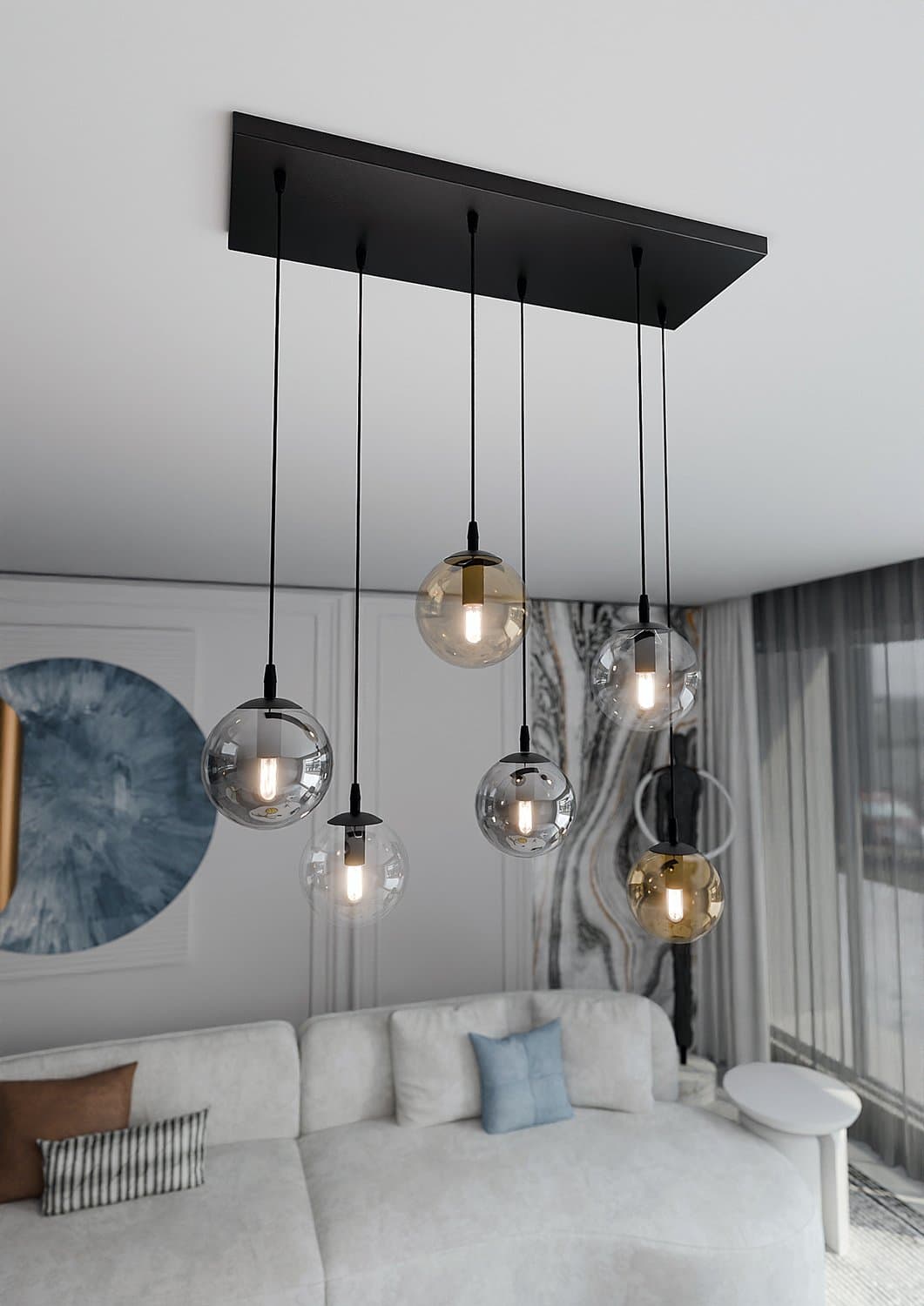 Sospensione Moderna 6 Luci Cosmo In Acciaio Nero E Sfere In Vetro Multicolor in Lampade a sospensione LuceArt - Montecorvino Pugliano, commercioVirtuoso.it