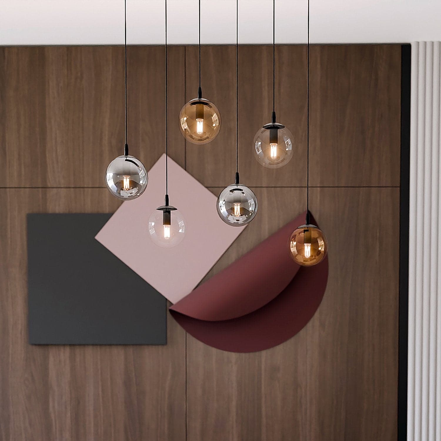 Sospensione Moderna 6 Luci Cosmo In Acciaio Nero E Sfere In Vetro Multicolor in Lampade a sospensione LuceArt - Montecorvino Pugliano, commercioVirtuoso.it