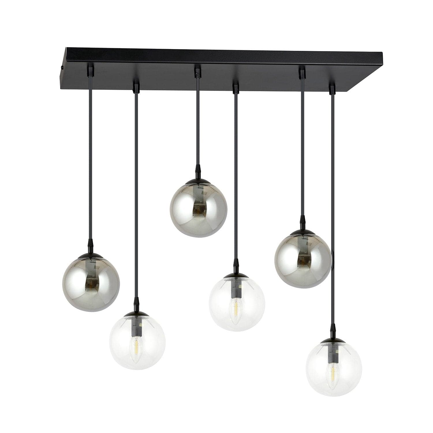 Sospensione 6 Luci Cosmo In Acciaio Nero E Sfere In Vetro Trasparente E Fumè in Lampade a sospensione LuceArt - Montecorvino Pugliano, commercioVirtuoso.it