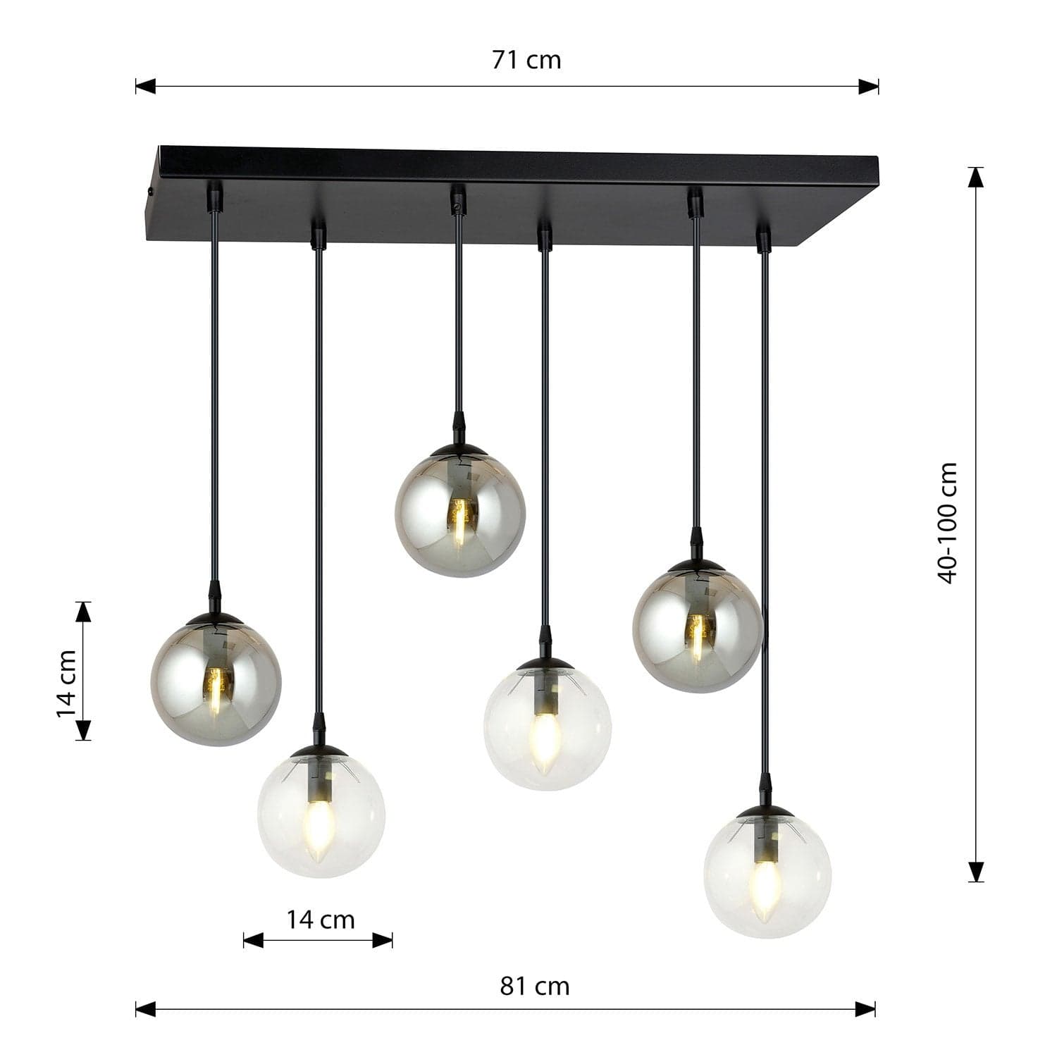 Sospensione 6 Luci Cosmo In Acciaio Nero E Sfere In Vetro Trasparente E Fumè in Lampade a sospensione LuceArt - Montecorvino Pugliano, commercioVirtuoso.it