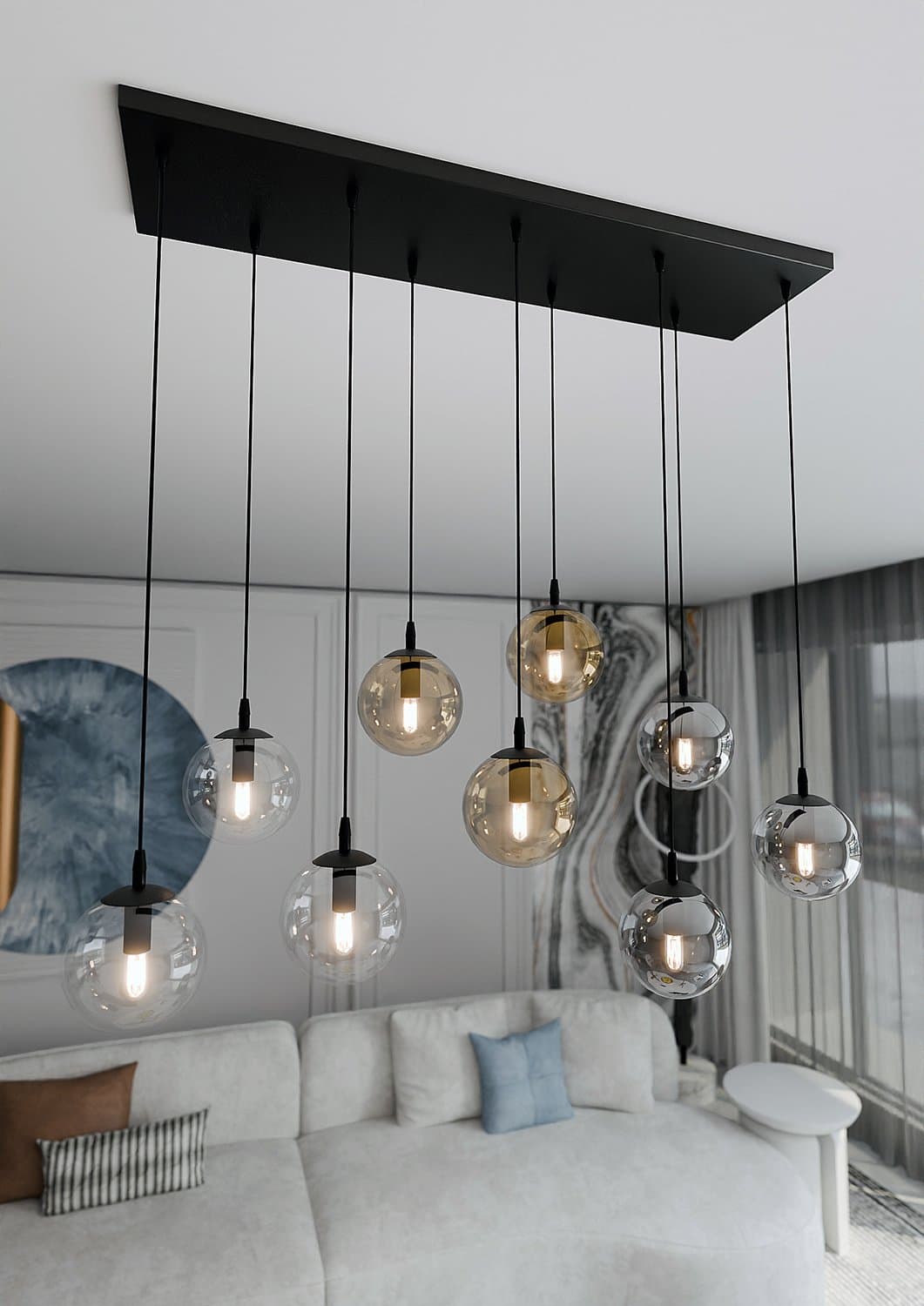 Sospensione Moderna 9 Luci Cosmo In Acciaio Nero E Sfere In Vetro Multicolor in Lampade a sospensione LuceArt - Montecorvino Pugliano, commercioVirtuoso.it