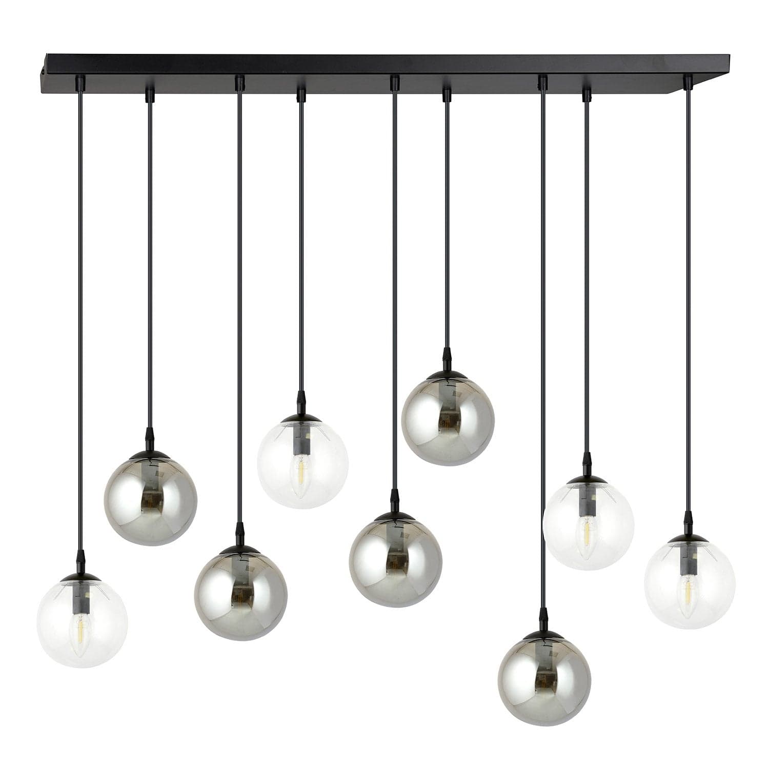 Sospensione 9 Luci Cosmo In Acciaio Nero E Sfere In Vetro Trasparente E Fumè in Lampade a sospensione LuceArt - Montecorvino Pugliano, commercioVirtuoso.it