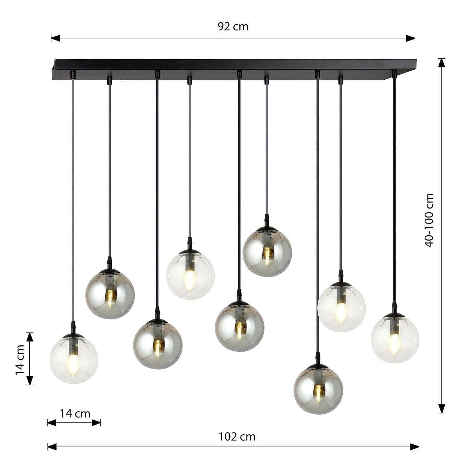 Sospensione 9 Luci Cosmo In Acciaio Nero E Sfere In Vetro Trasparente E Fumè in Lampade a sospensione LuceArt - Montecorvino Pugliano, commercioVirtuoso.it