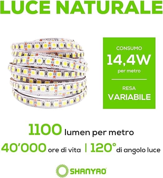 SHANYAO - ROLLA 5 MT STRIP LED 12V 14,4W L.N. in Nastri LED Stockdoc - Terni, commercioVirtuoso.it