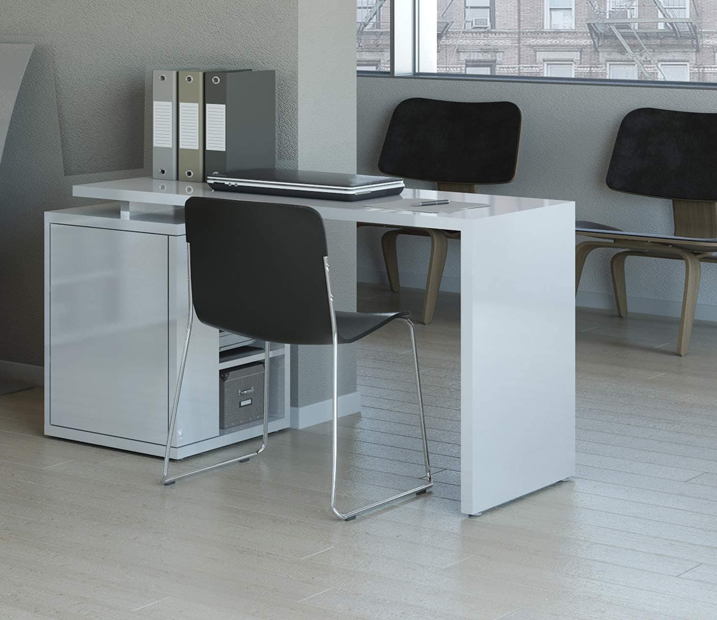 Scrivania per ufficio e stanzetta, con anta e 3 ripiani a giorno da 140 cm "Made in Italy" in Scrivanie Decor Space - Altamura, commercioVirtuoso.it