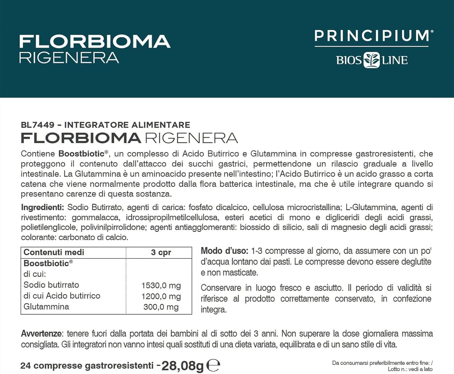 BIOS LINE Principium Florbioma Rigenera, Integratore Alimentare per il Benessere Intestinale, in Caso di Disordini Intestinali, 24 Compresse Gastroresistenti, Senza Glutine e Lattosio - Naturopatica shop & therapy