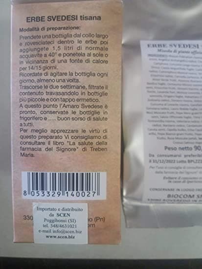 ERBE OFFICINALI PREPARATO PER AMARO SVEDESE 90,02 GRnell’assoluto rispetto della ricetta originale di Maria TrebeN in Amari Scen Scientific and Natural - Poggibonsi, commercioVirtuoso.it