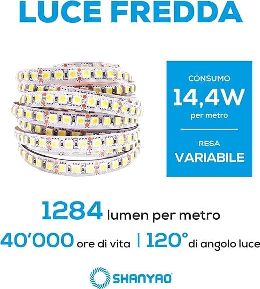 SHANYAO - ROLLA 5 MT STRIP LED 12V 14,4W L.F. in Nastri LED Stockdoc - Terni, commercioVirtuoso.it