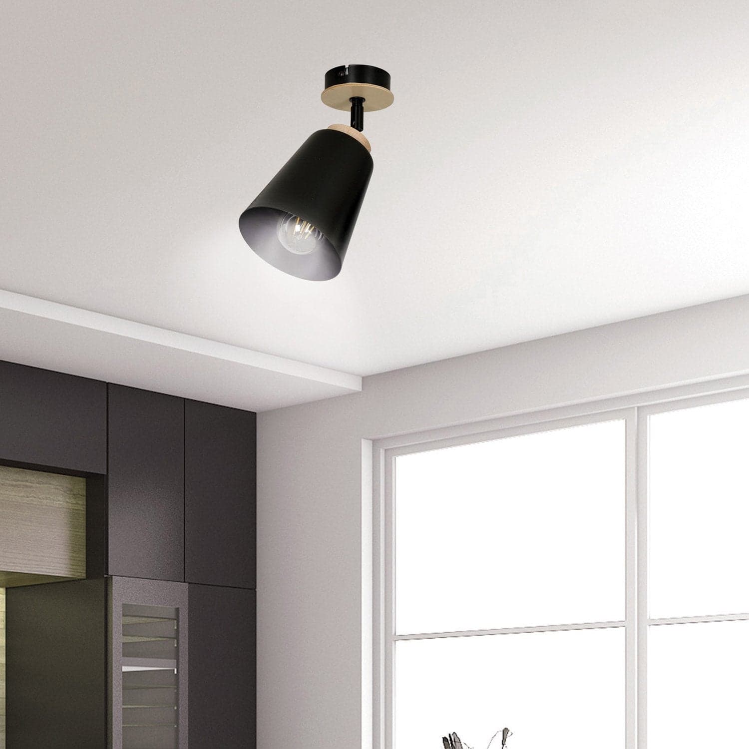 Plafoniera A Faretto Spot 1 Luce In Acciaio Nero E Legno Naturale in Faretti da soffitto LuceArt - Montecorvino Pugliano, commercioVirtuoso.it