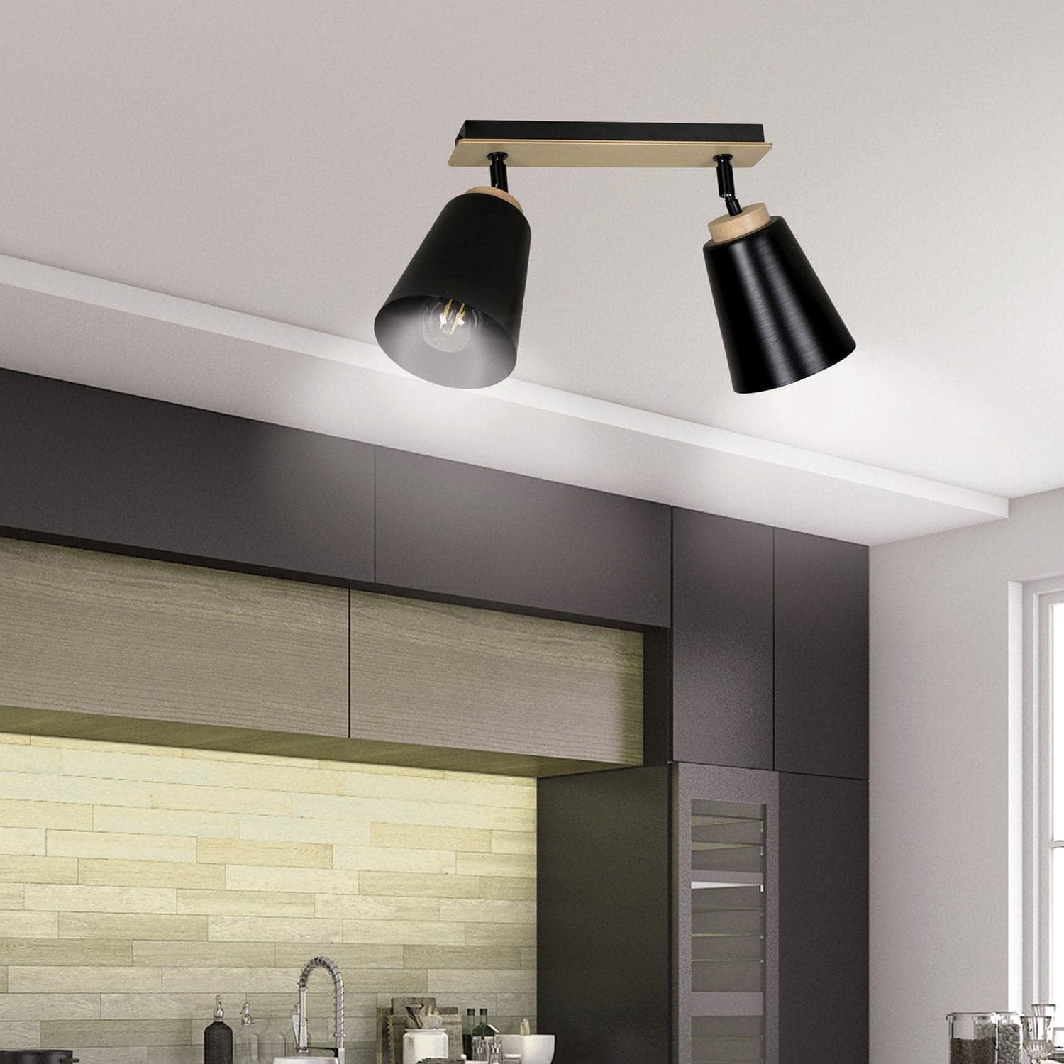Plafoniera Faretti Spot Orientabili 2 Luci Atlas Acciaio Nero E Legno Naturale in Faretti da soffitto LuceArt - Montecorvino Pugliano, commercioVirtuoso.it