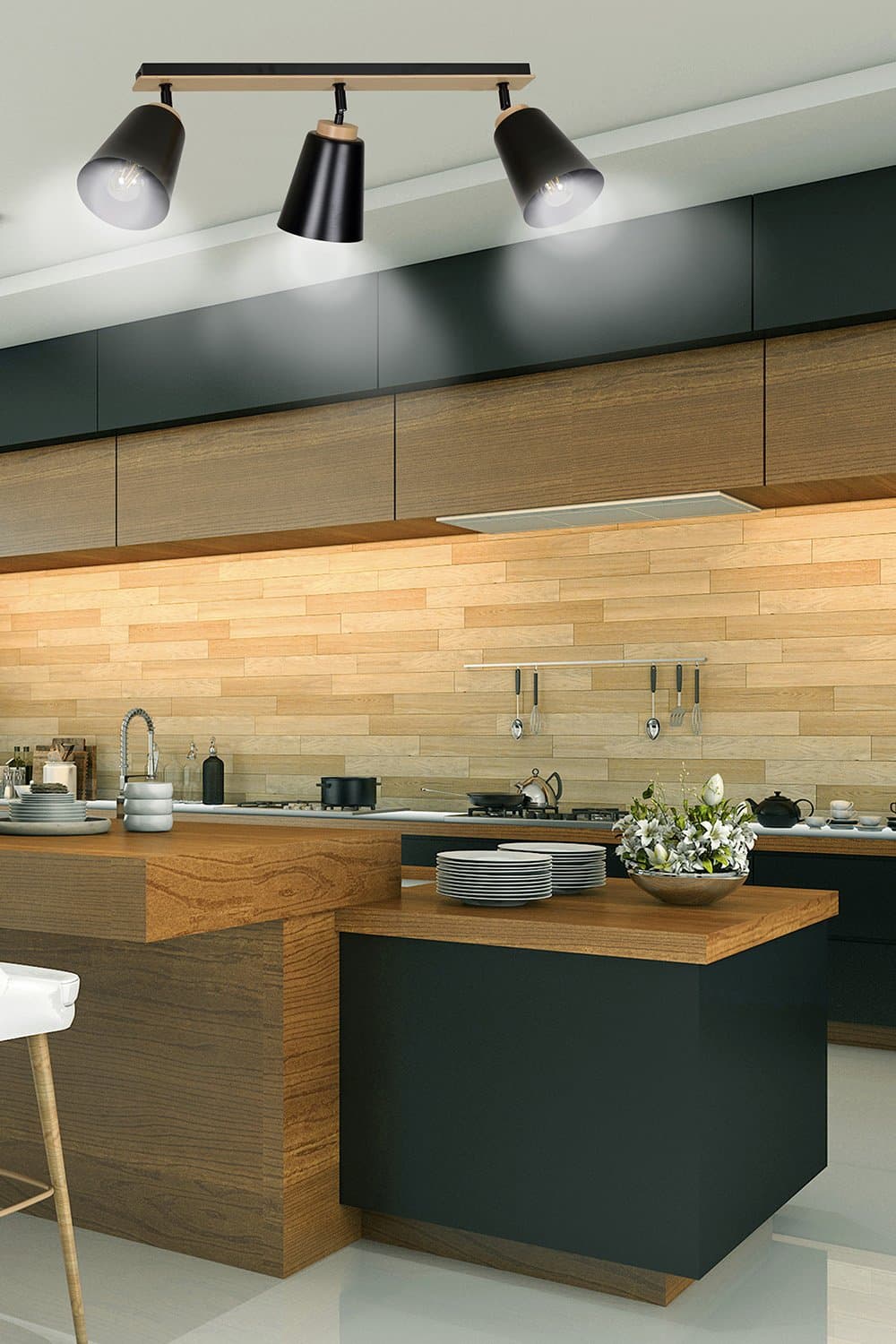 Plafoniera Faretti Spot Orientabili 3 Luci Atlas Acciaio Nero E Legno Naturale in Faretti da soffitto LuceArt - Montecorvino Pugliano, commercioVirtuoso.it