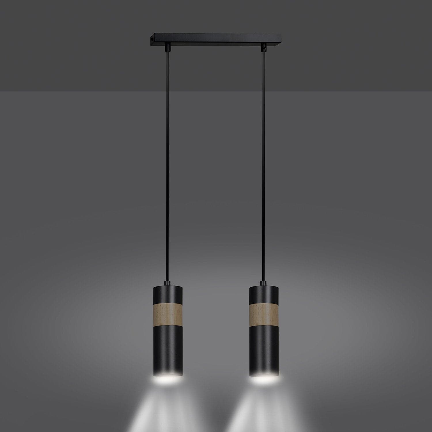 Lampadario 2 Luci Akari In Acciaio Nero A Cilindro Con Legno Naturale in Lampade a sospensione LuceArt - Montecorvino Pugliano, commercioVirtuoso.it