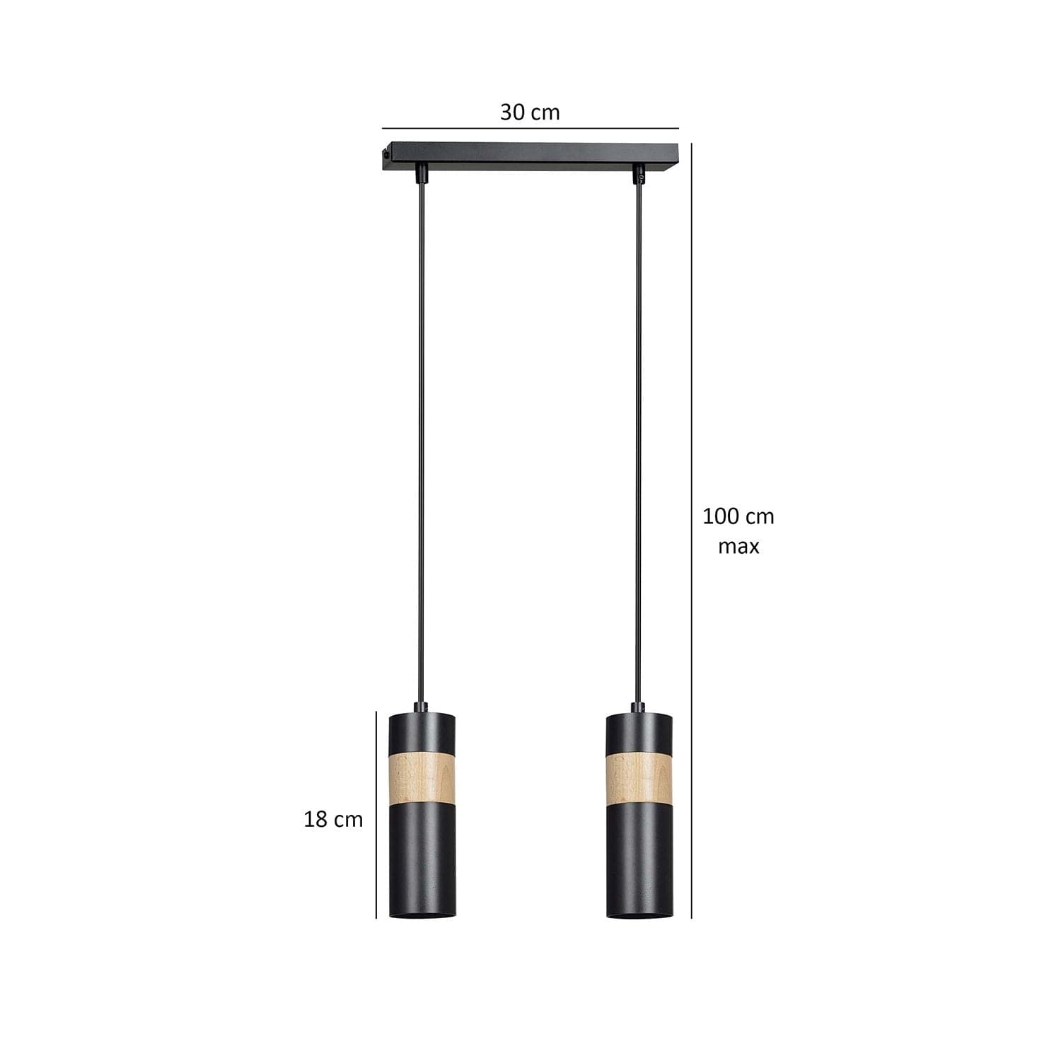 Lampadario 2 Luci Akari In Acciaio Nero A Cilindro Con Legno Naturale in Lampade a sospensione LuceArt - Montecorvino Pugliano, commercioVirtuoso.it