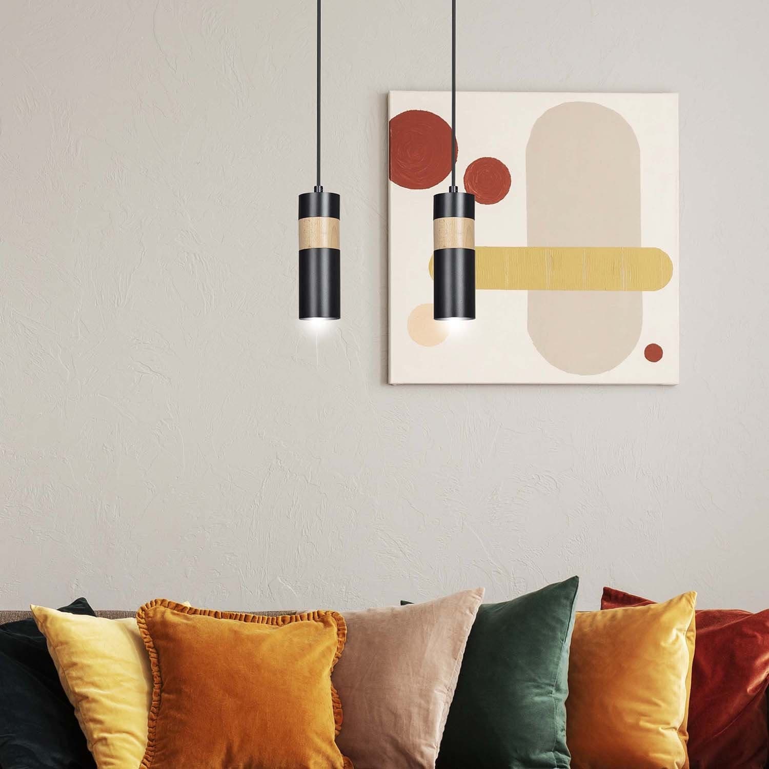 Lampadario 2 Luci Akari In Acciaio Nero A Cilindro Con Legno Naturale in Lampade a sospensione LuceArt - Montecorvino Pugliano, commercioVirtuoso.it