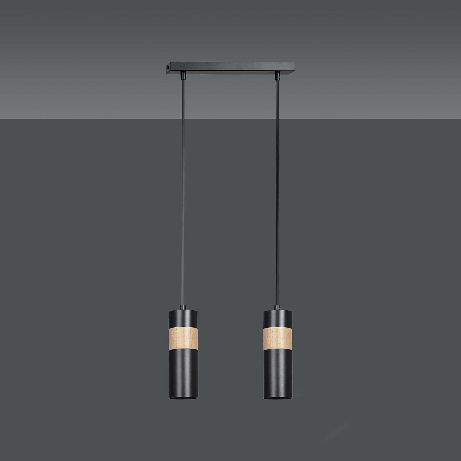 Lampadario 2 Luci Akari In Acciaio Nero A Cilindro Con Legno Naturale in Lampade a sospensione LuceArt - Montecorvino Pugliano, commercioVirtuoso.it