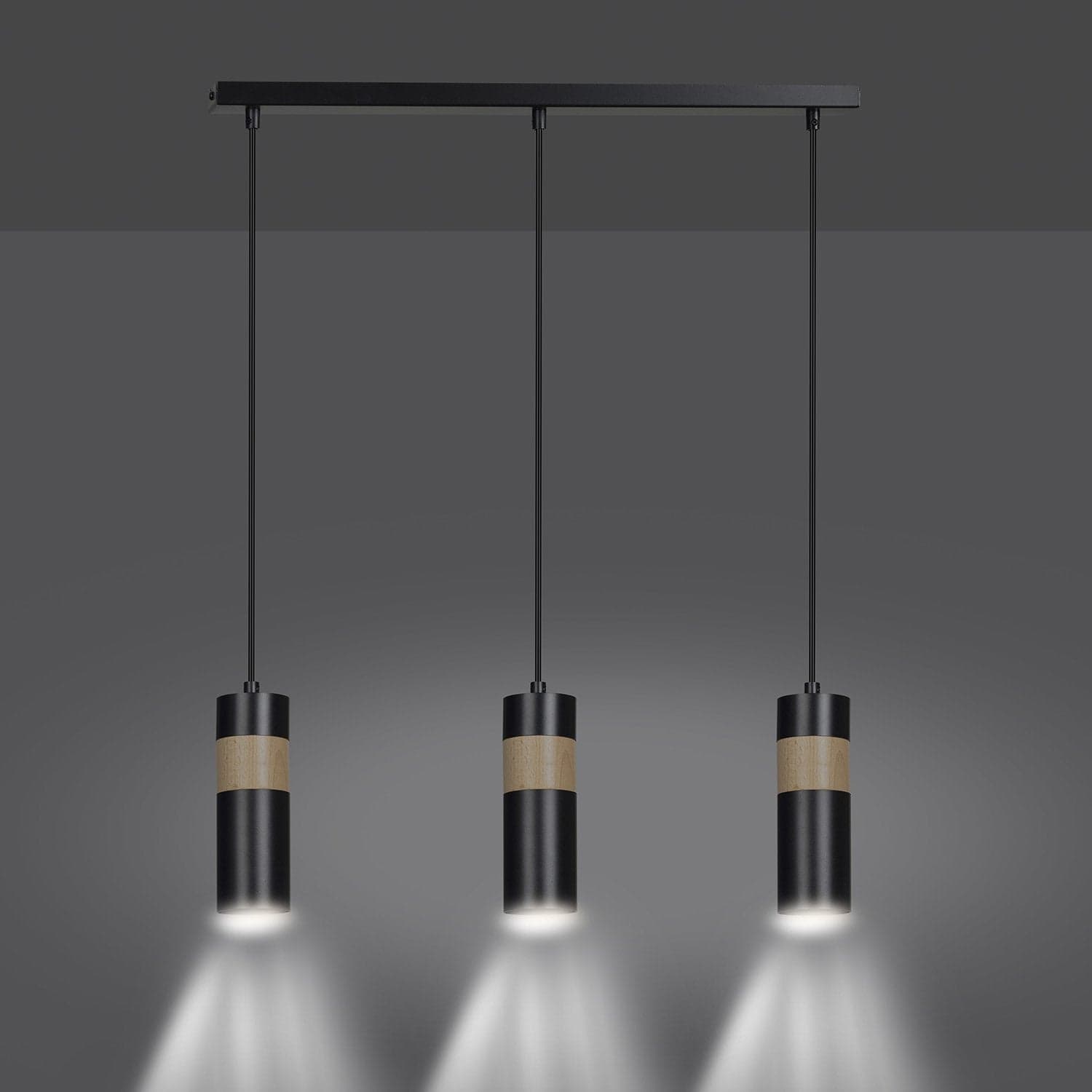 Lampadario 3 Luci Akari In Acciaio Nero A Cilindro Con Legno Naturale in Lampade a sospensione LuceArt - Montecorvino Pugliano, commercioVirtuoso.it