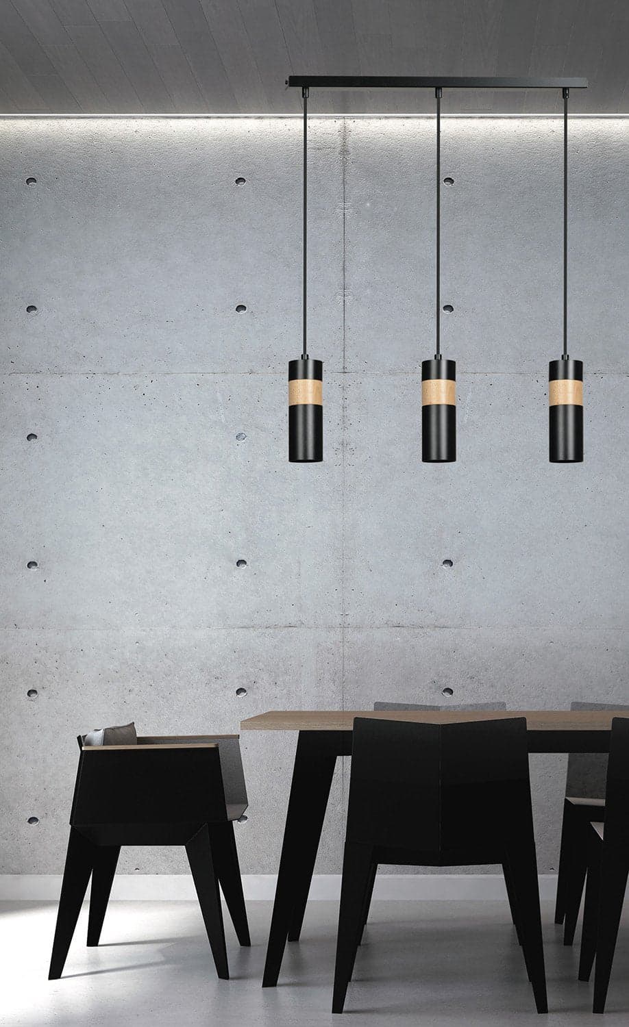 Lampadario 3 Luci Akari In Acciaio Nero A Cilindro Con Legno Naturale in Lampade a sospensione LuceArt - Montecorvino Pugliano, commercioVirtuoso.it