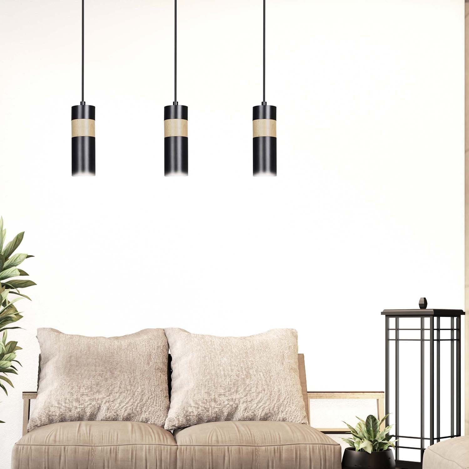 Lampadario 3 Luci Akari In Acciaio Nero A Cilindro Con Legno Naturale in Lampade a sospensione LuceArt - Montecorvino Pugliano, commercioVirtuoso.it