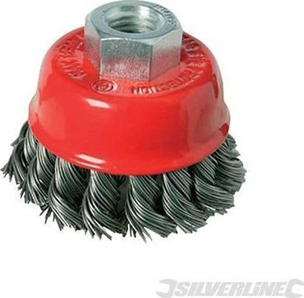 Spazzola a tazza in acciaio a filo ritorto per smerigliatrici angolari Silverline – 75 mm – plastica