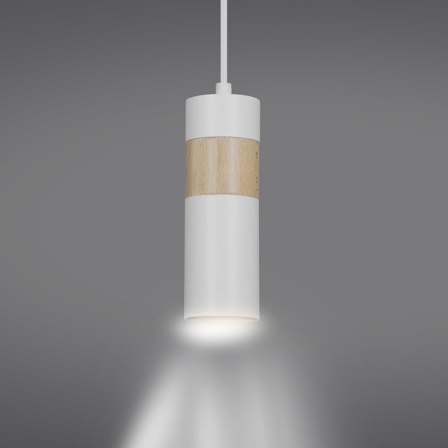 Sospeensione 1 Luce Akari In Acciaio Bianco A Cilindro Con Legno Naturale in Lampade a sospensione LuceArt - Montecorvino Pugliano, commercioVirtuoso.it