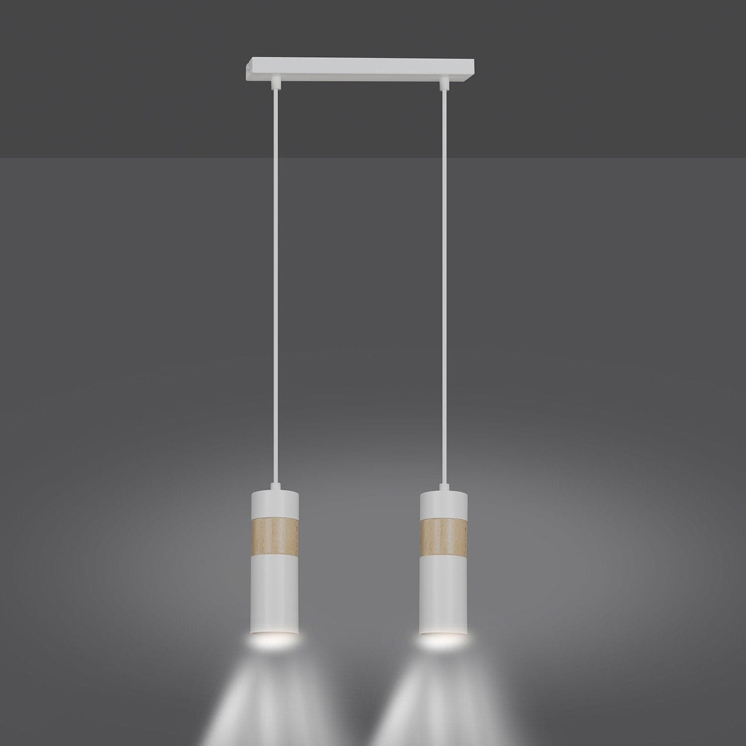 Lampadario 2 Luci Akari In Acciaio Bianco A Cilindro Con Legno Naturale in Lampadari LuceArt - Montecorvino Pugliano, commercioVirtuoso.it