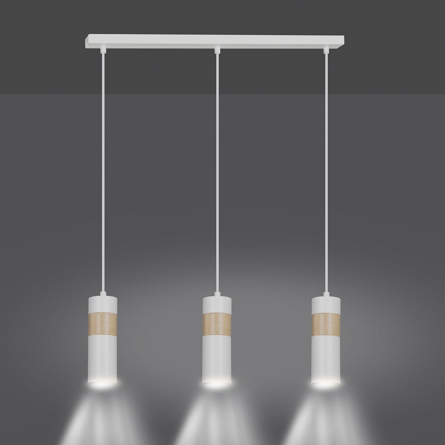 Lampadario 3 Luci Akari In Acciaio Bianco A Cilindro Con Legno Naturale in Lampadari LuceArt - Montecorvino Pugliano, commercioVirtuoso.it
