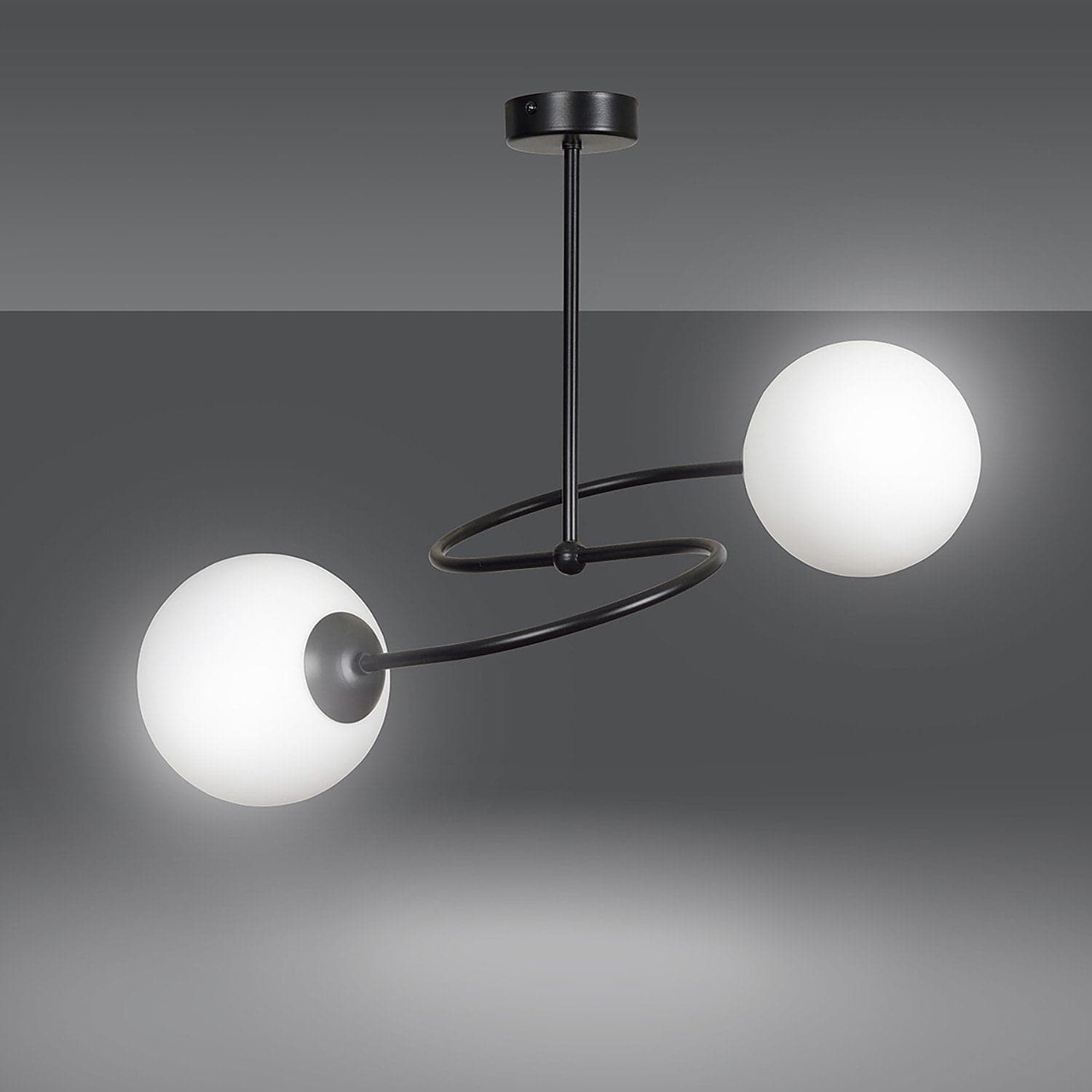Plafoniera Moderna 2 Luci Selbi In Acciaio Nero E Sfere In Vetro Opale in Plafoniere LuceArt - Montecorvino Pugliano, commercioVirtuoso.it