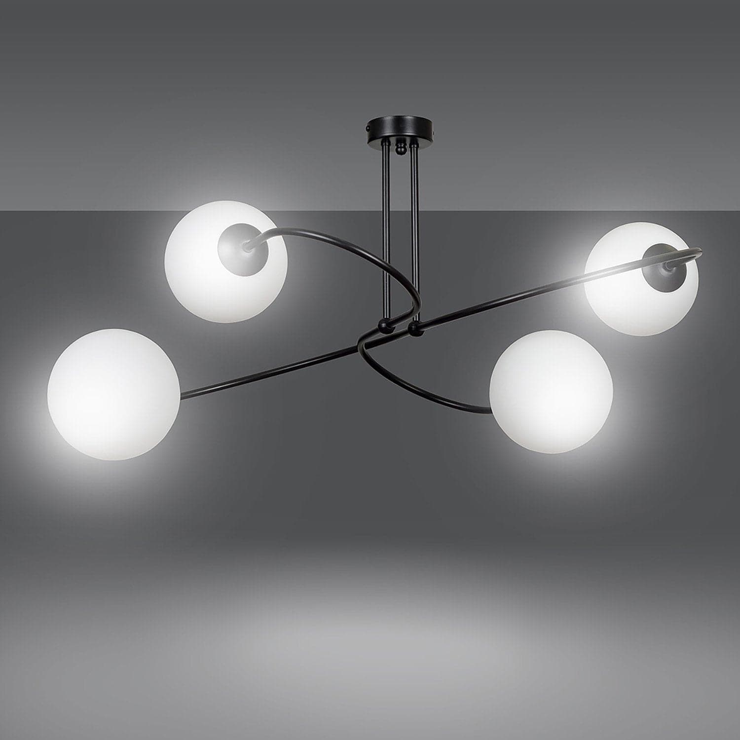 Plafoniera Moderna 4 Luci Selbi In Acciaio Nero E Sfere In Vetro Opale in Lampadari LuceArt - Montecorvino Pugliano, commercioVirtuoso.it