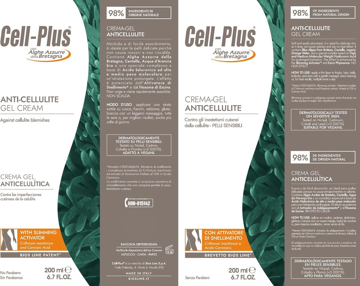 CELL PLUS Crema - Gel Anticellulite 200ml con Alghe Azzurre della Bretagna, Centella e Acqua dArancia, Idratante, a Rapido Assorbimento, Non Unge, per Pelli Sensibili - Naturopatica shop & therapy