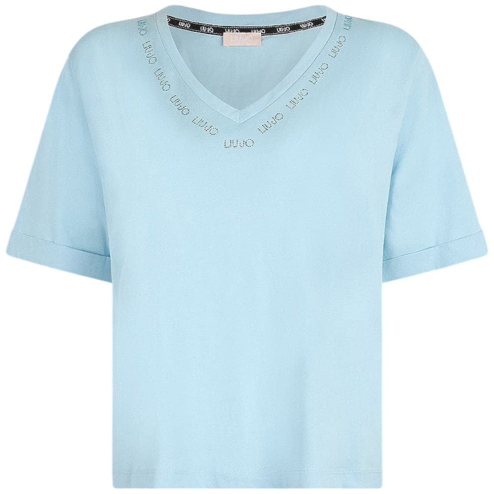 Liu Jo t-shirt celeste scollo a V con strass TA5175JS923 M9490 T-shirt Liu Jo
