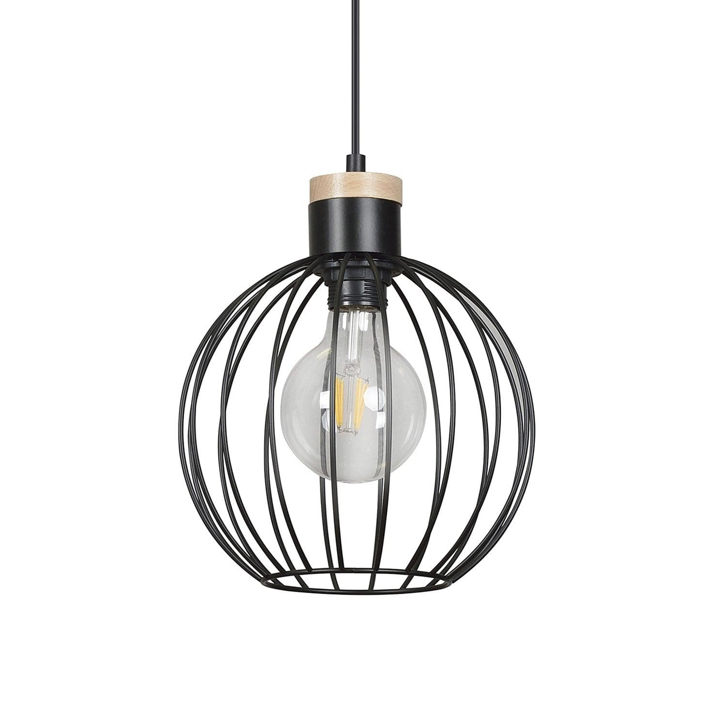 Sospensione 1 Luce Barbado Paralume A Gabbia In Acciaio Nero E Legno Naturale in Lampade a sospensione LuceArt - Montecorvino Pugliano, commercioVirtuoso.it