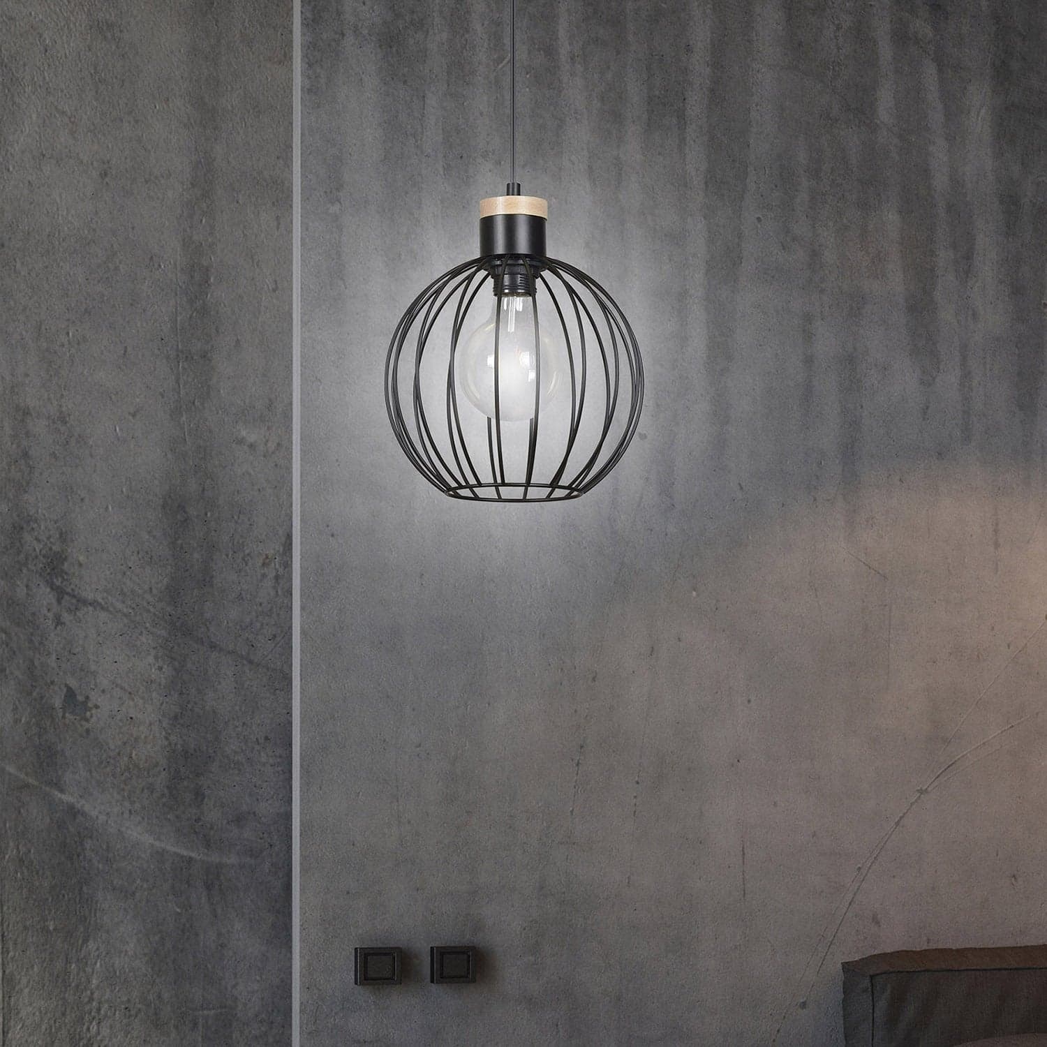 Sospensione 1 Luce Barbado Paralume A Gabbia In Acciaio Nero E Legno Naturale in Lampade a sospensione LuceArt - Montecorvino Pugliano, commercioVirtuoso.it