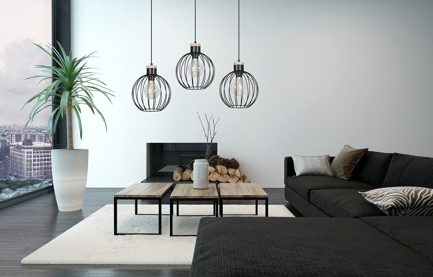 Lampadario 3 Luci Barbado Paralumi A Gabbia In Acciaio Nero E Legno Naturale in Lampade a sospensione LuceArt - Montecorvino Pugliano, commercioVirtuoso.it