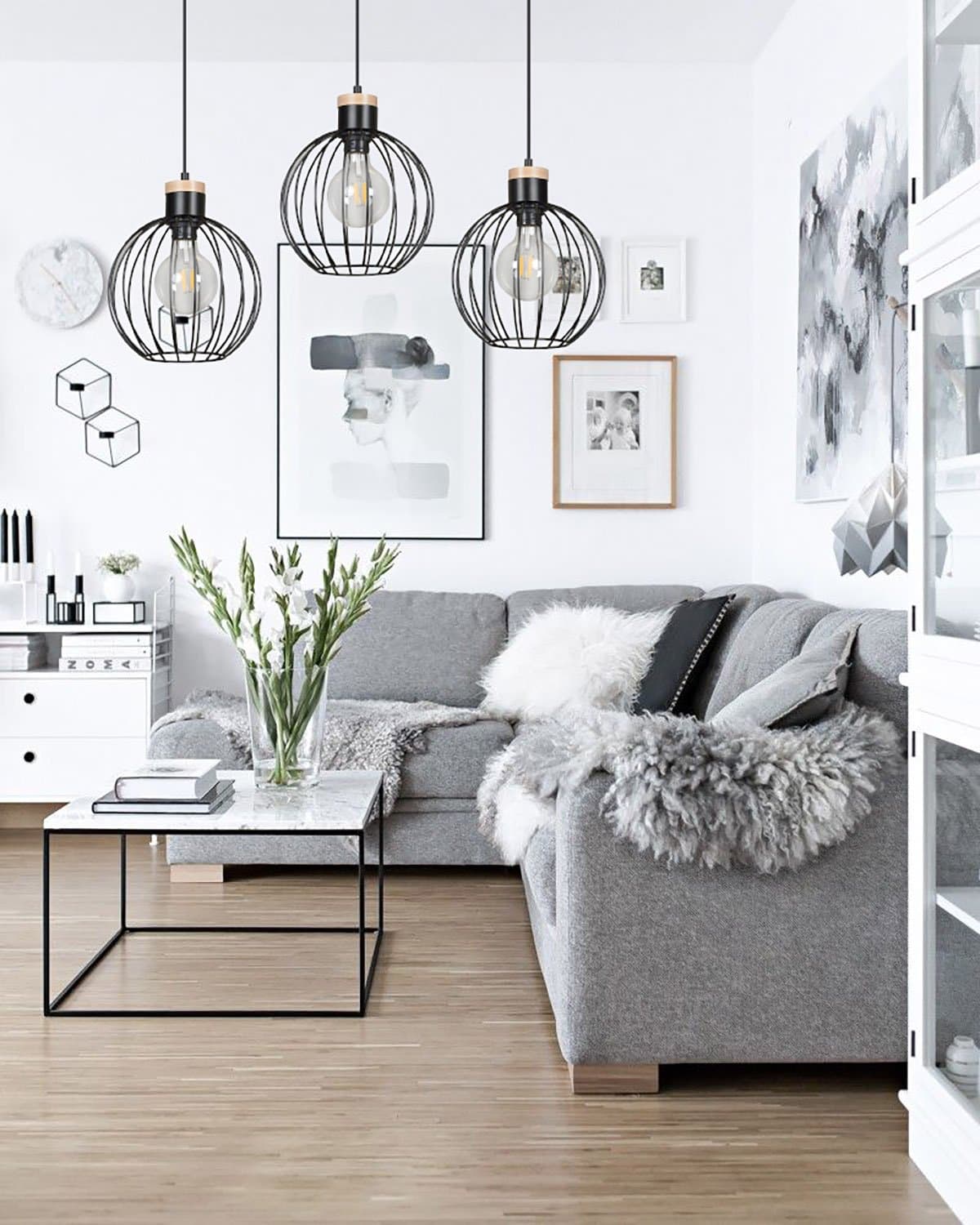 Lampadario 3 Luci Barbado Paralumi A Gabbia In Acciaio Nero E Legno Naturale in Lampade a sospensione LuceArt - Montecorvino Pugliano, commercioVirtuoso.it