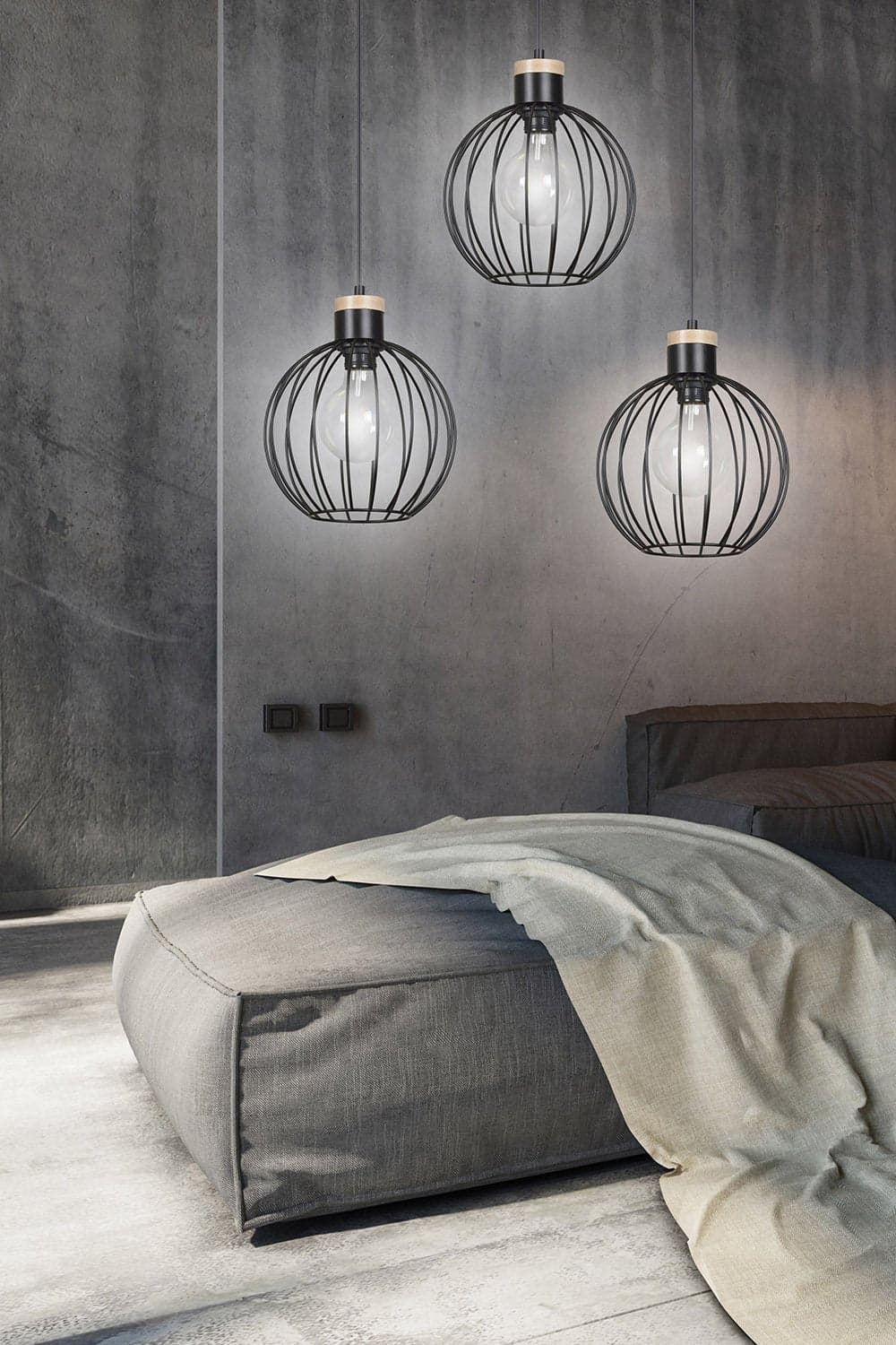 Lampadario 3 Luci Barbado Paralumi A Gabbia In Acciaio Nero E Legno Naturale in Lampade a sospensione LuceArt - Montecorvino Pugliano, commercioVirtuoso.it
