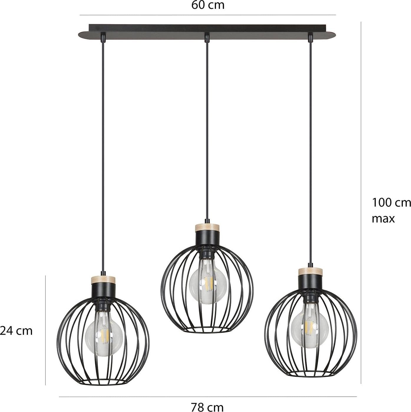 Lampadario 3 Luci Barbado Paralumi A Gabbia In Acciaio Nero E Legno Naturale in Lampade a sospensione LuceArt - Montecorvino Pugliano, commercioVirtuoso.it