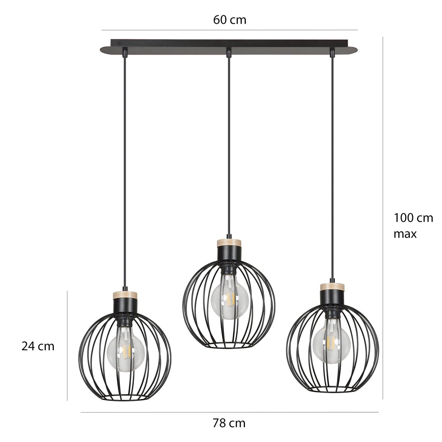 Lampadario 3 Luci Barbado Paralumi A Gabbia In Acciaio Nero E Legno Naturale in Lampade a sospensione LuceArt - Montecorvino Pugliano, commercioVirtuoso.it