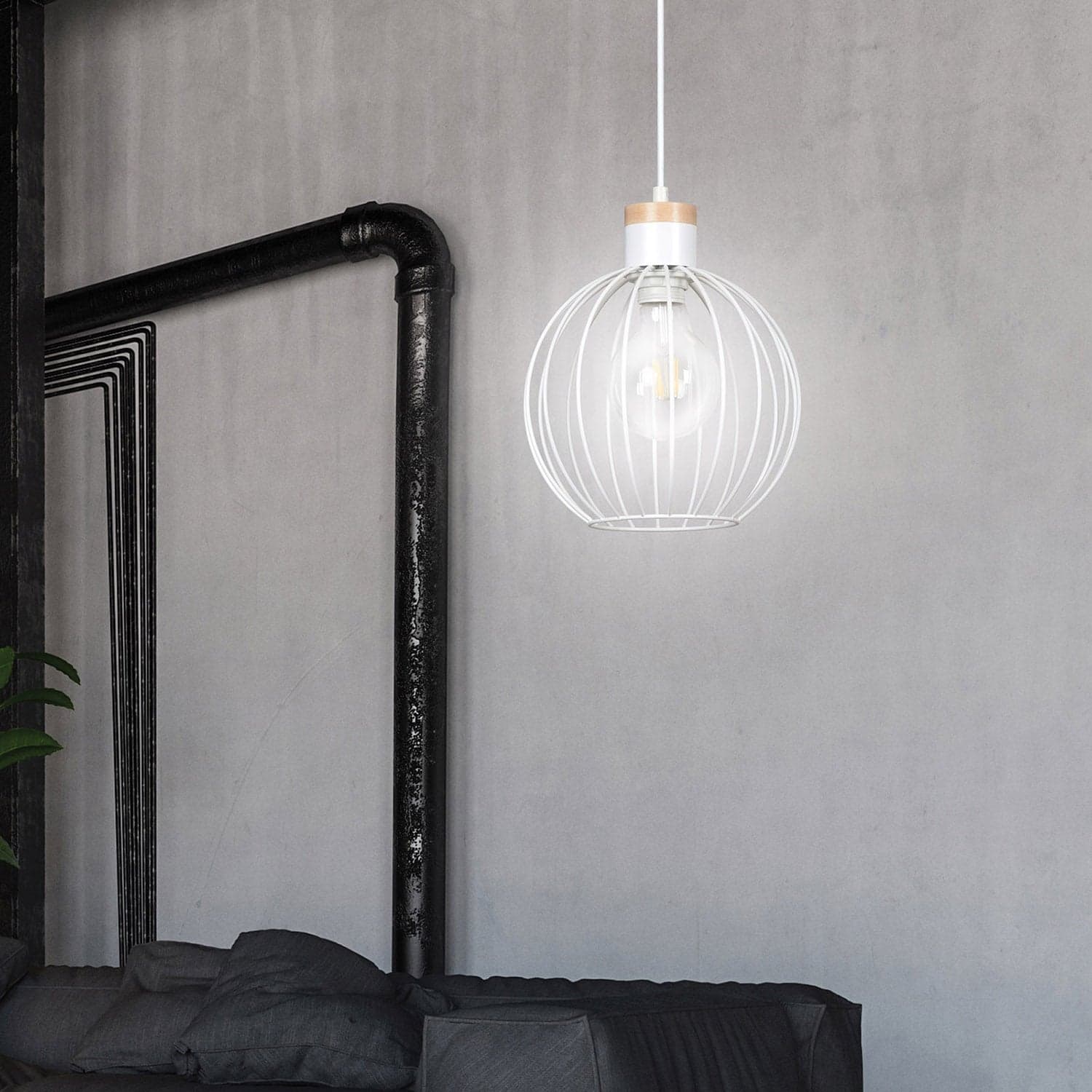 Sospensione 1 Luce Barbado Paralume A Gabbia In Acciaio Bianco E Legno Naturale in Lampade a sospensione LuceArt - Montecorvino Pugliano, commercioVirtuoso.it