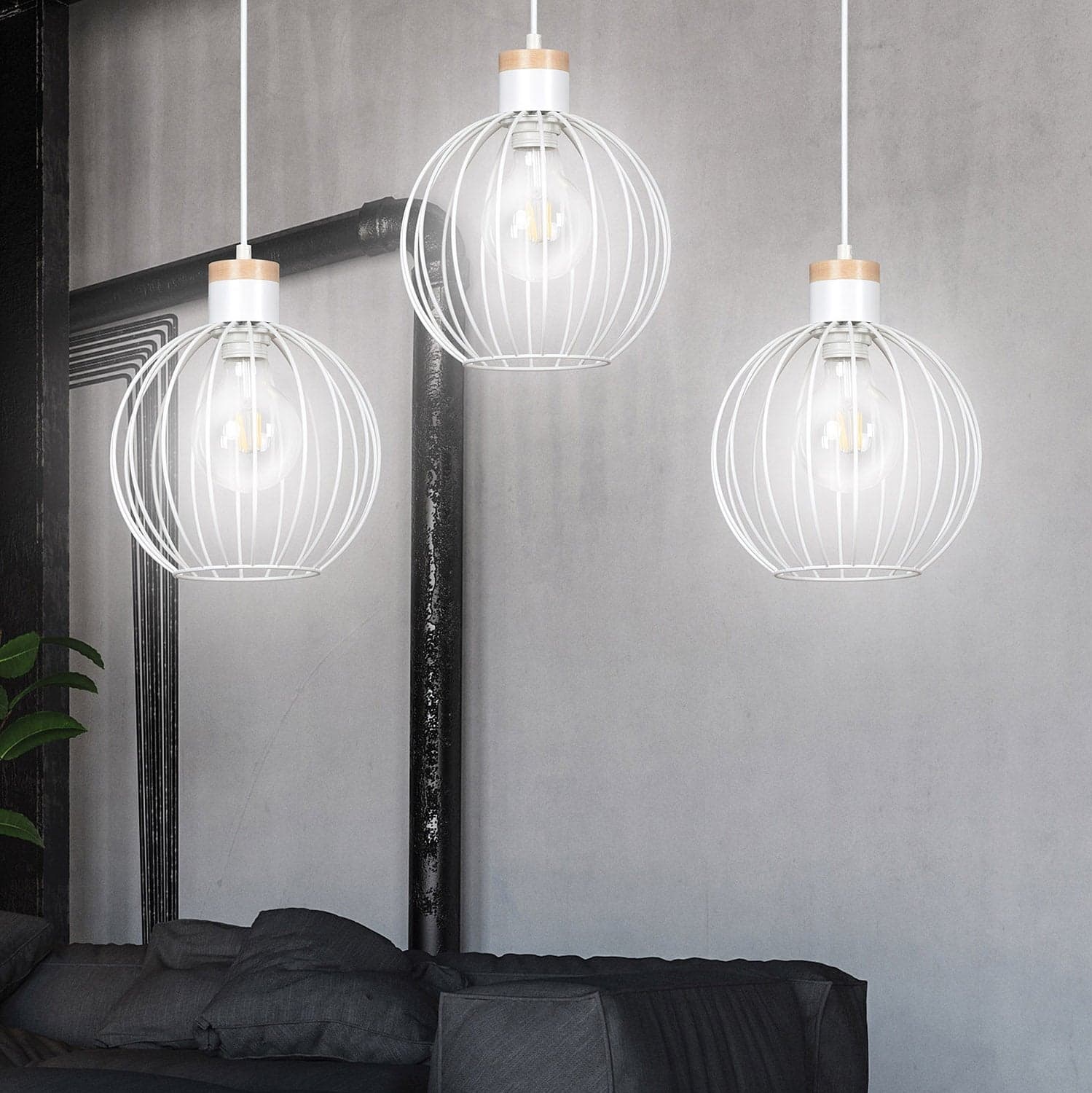 Lampadario 3 Luci Barbado Paralumi A Gabbia In Acciaio Bianco E Legno Naturale in Lampade a sospensione LuceArt - Montecorvino Pugliano, commercioVirtuoso.it