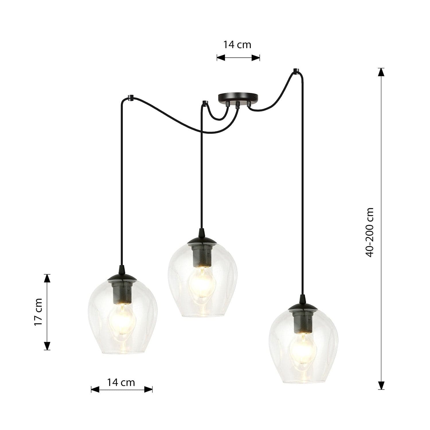 Sospensione 3 Luci Level In Acciaio Nero E Vetro Trasparente Con Cavi Lunghi in Lampade a sospensione LuceArt - Montecorvino Pugliano, commercioVirtuoso.it