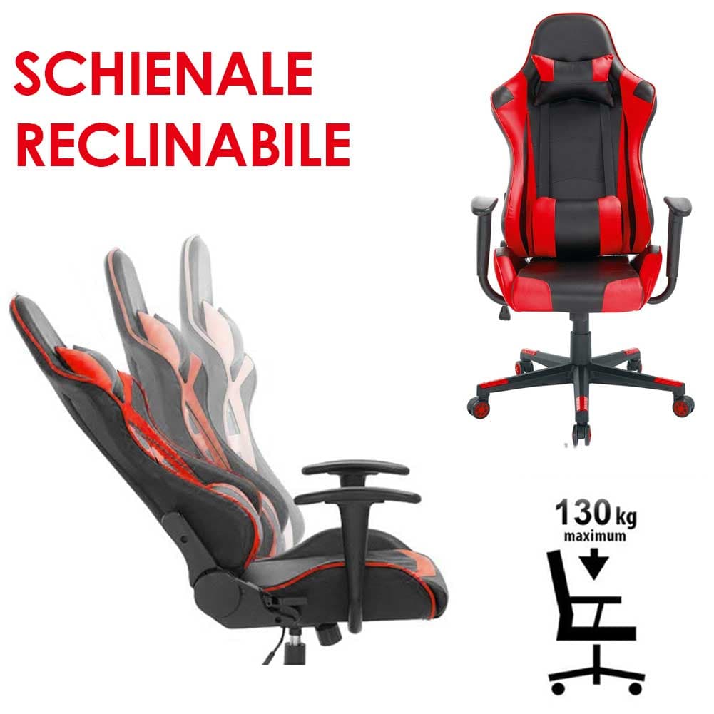 Sedia Poltrona Gaming Ufficio Scrivania, Gioco Reclinabile Girevole 2cuscini Red in Sedie Gaming Danyx - Casoria, commercioVirtuoso.it