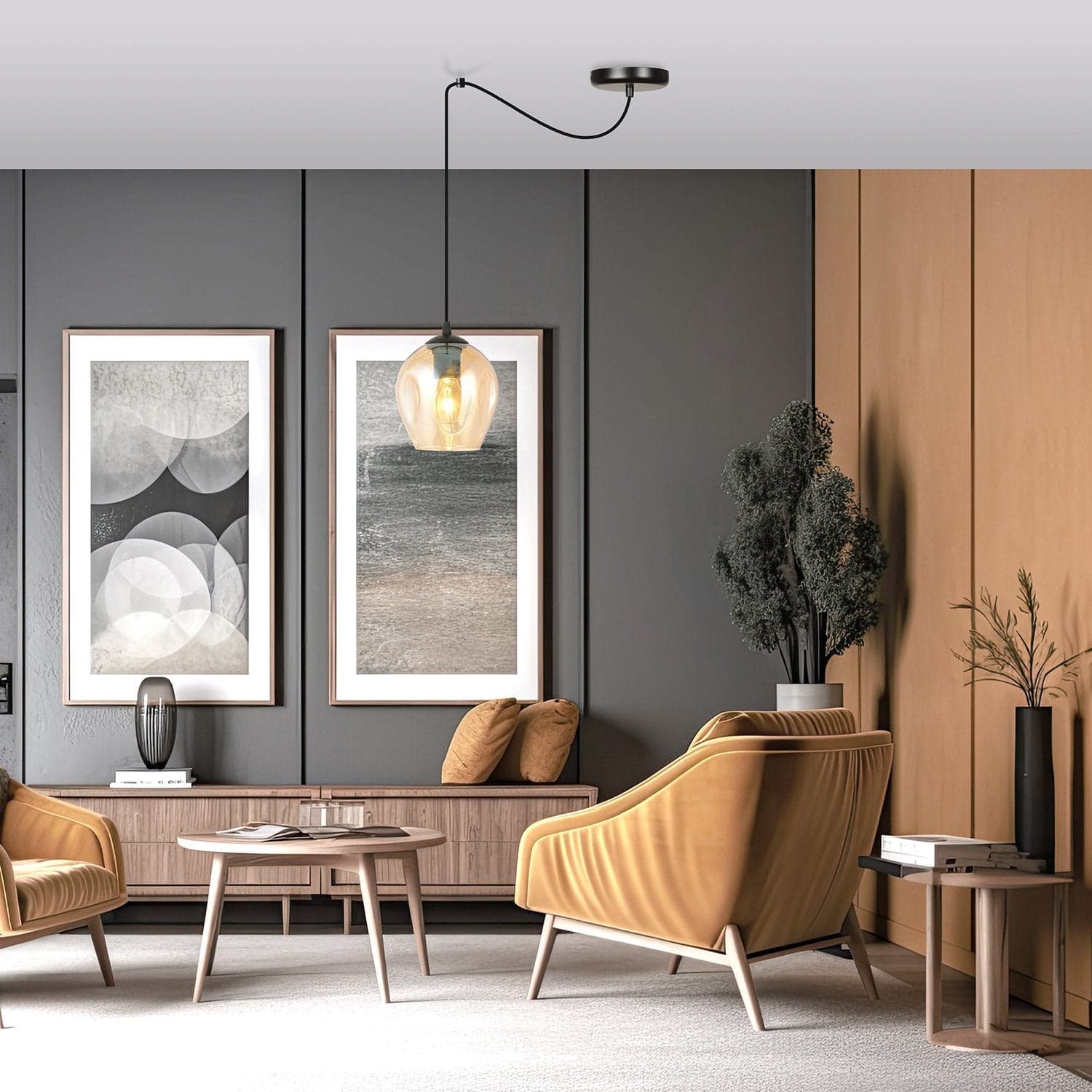 Sospensione 1 Luce Level In Acciaio Nero E Vetro Ambra Con Cavi Lunghi in Lampade a sospensione LuceArt - Montecorvino Pugliano, commercioVirtuoso.it