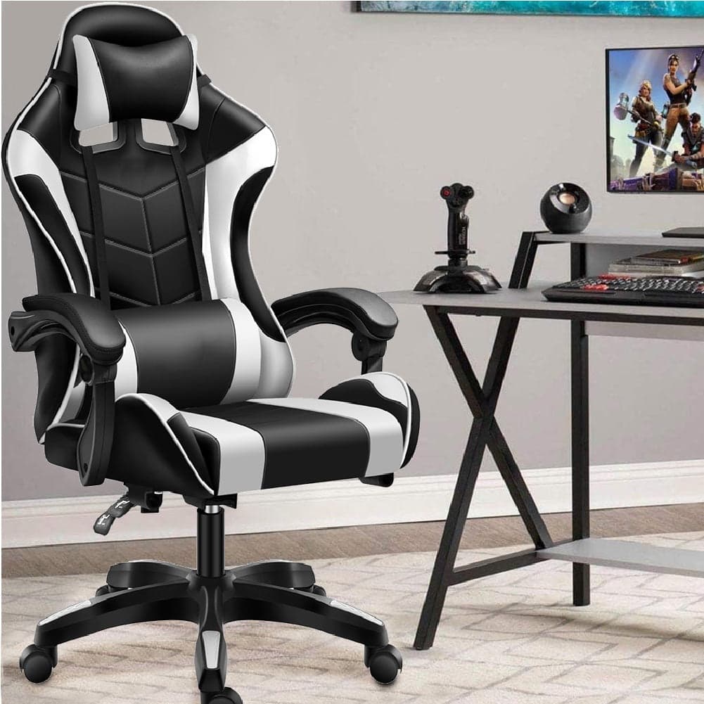 Sedia Poltrona Gaming Ufficio Scrivania Gioco Reclinabile 150° Girevole 2cuscini Bianco