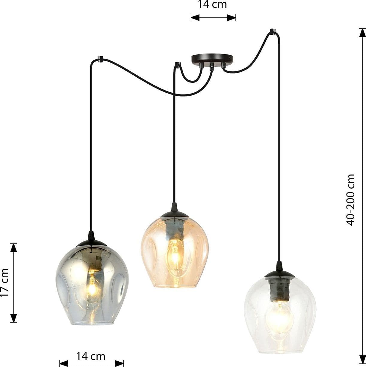 Sospensione 3 Luci Level In Acciaio Nero E Vetro Multicolor Con Cavi Lunghi in Lampade a sospensione LuceArt - Montecorvino Pugliano, commercioVirtuoso.it