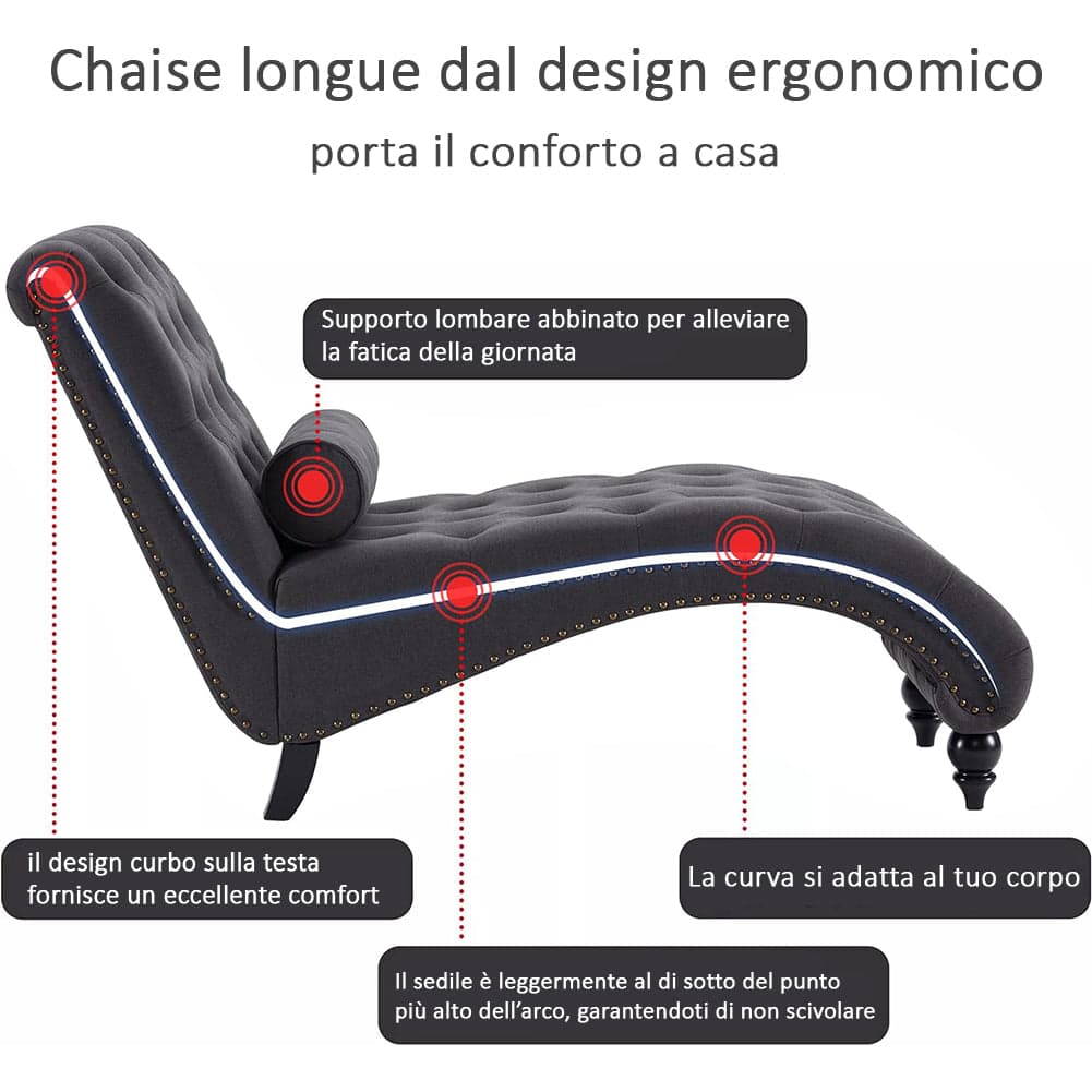 Poltrona Sdraio Chaise Lounge Tessuto Grigio Capitonnè 148cm Soggiorno Salotto in Poltrone Danyx - Casoria, commercioVirtuoso.it