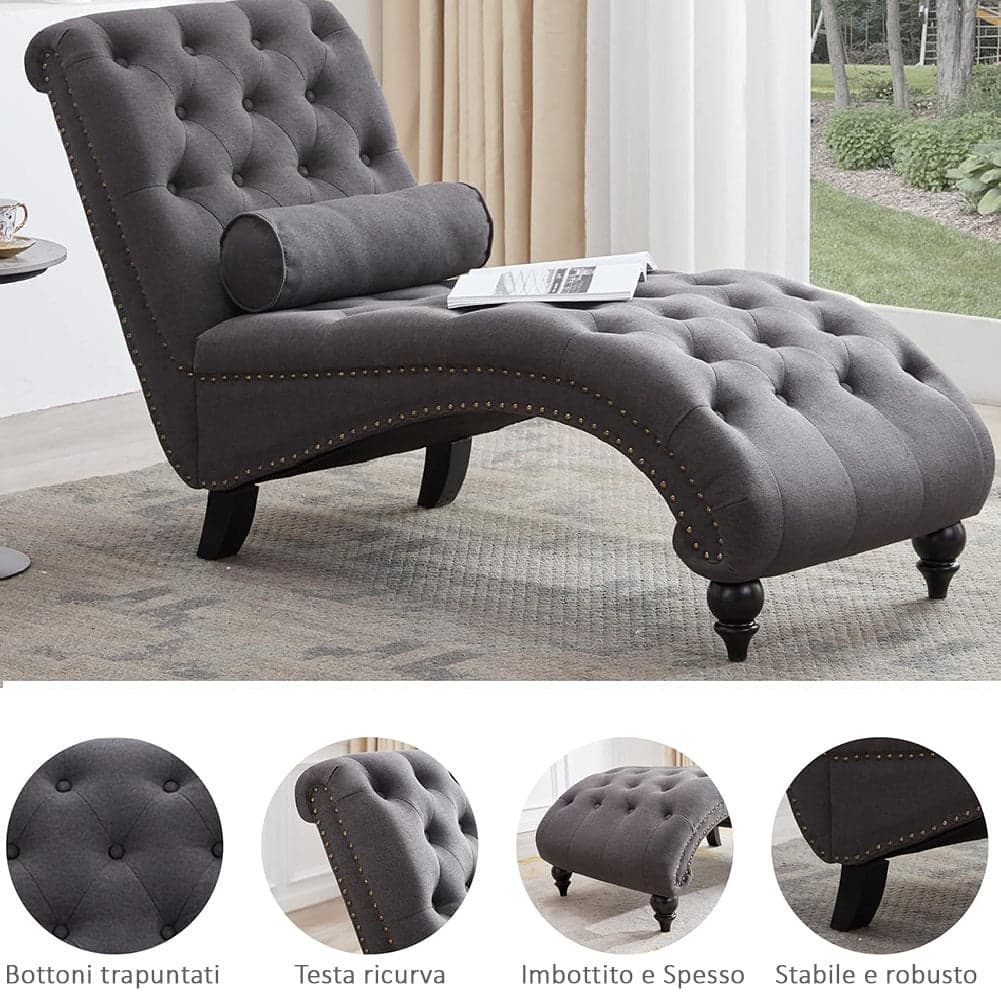 Poltrona Sdraio Chaise Lounge Tessuto Grigio Capitonnè 148cm Soggiorno Salotto in Poltrone Danyx - Casoria, commercioVirtuoso.it