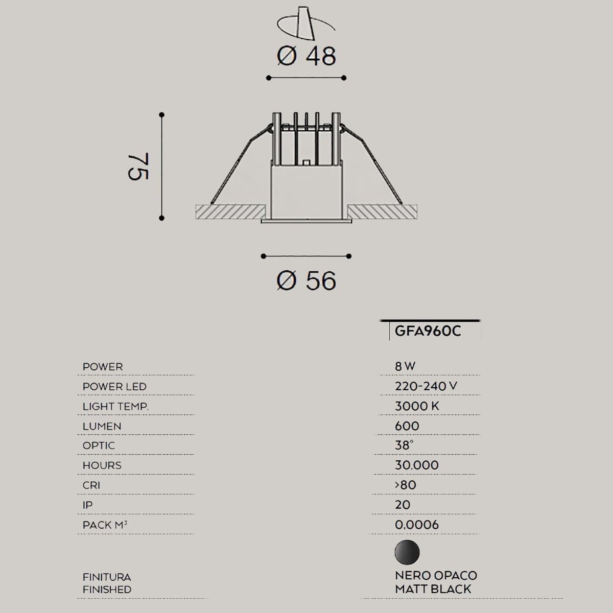 Faretto incasso moderno Gea Led QEBUI GFA960 C 8W LED 3000°K 600LM 38° IP20 spot cartongesso tondo alluminio nero opaco interno in Faretti da soffitto Lampadari Bartalini - Colle di Val d’Elsa, commercioVirtuoso.it