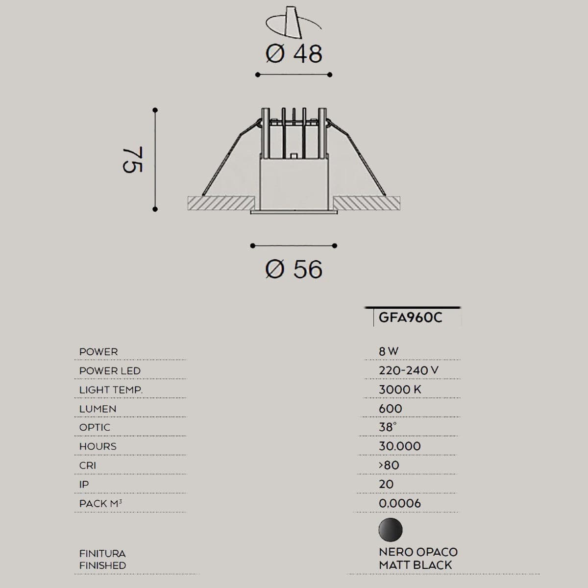 Faretto incasso moderno Gea Led QEBUI GFA960 C 8W LED 3000°K 600LM 38° IP20 spot cartongesso tondo alluminio nero opaco interno in Faretti da soffitto Lampadari Bartalini - Colle di Val d’Elsa, commercioVirtuoso.it